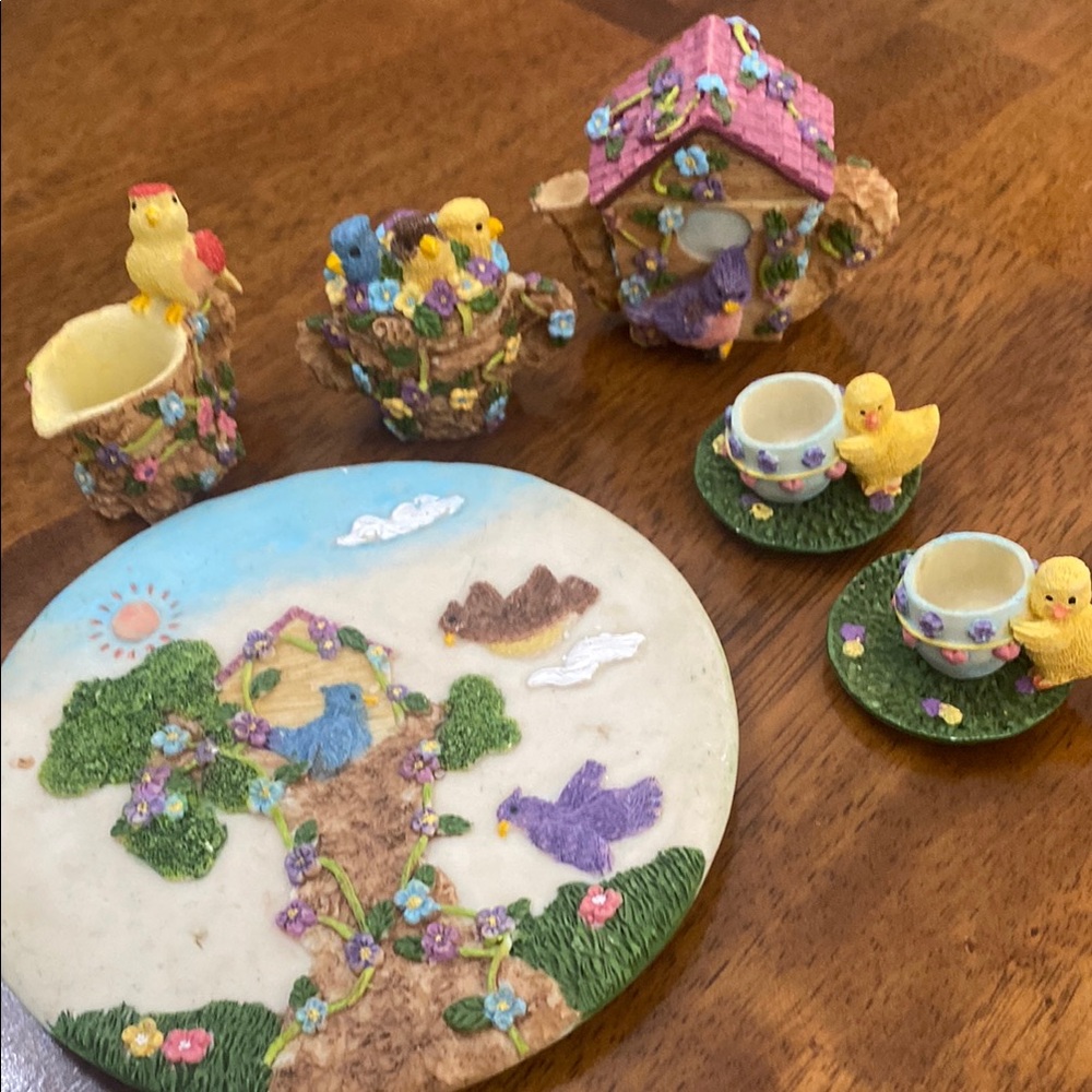 Whimsical birds resin tea set